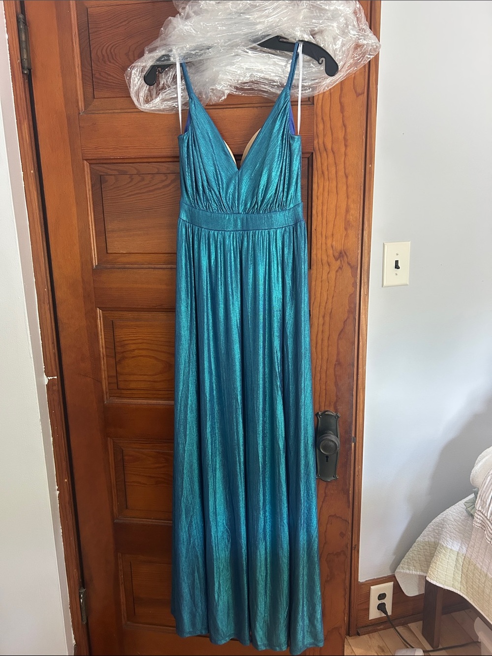 Lulu's Teal Shimmer V-Neck Dress
